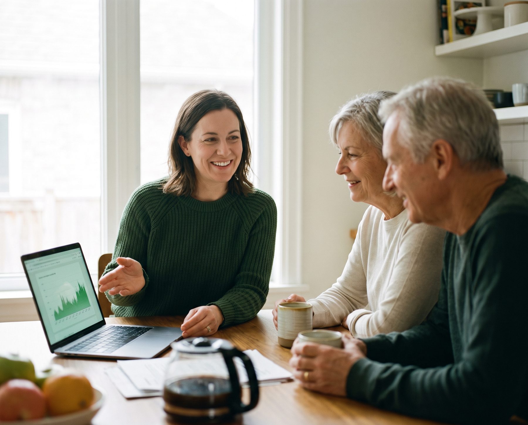 An independent advisor walks a client couple through their options at the kitchen table